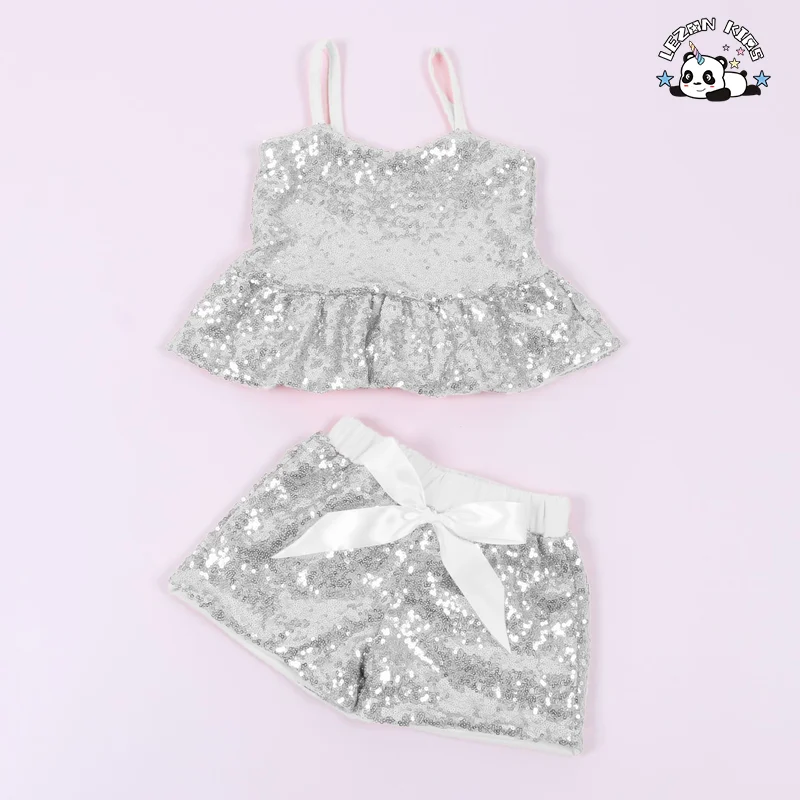 LEZONKIDS - Custom Logo Summer Girls Casual Cotton Suspender Vest Sequins Top Shorts Suit